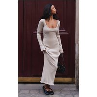 Beige Rib Knit Piquet Hem Maxi Dress