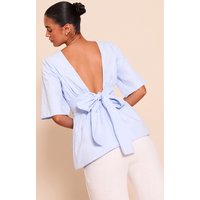 Sky Blue Cotton Short Sleeve Tie Back Blouse