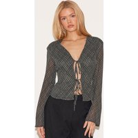 Green Check Chiffon Tie Front Blouse