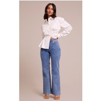 Petite Mid Blue High Waisted Denim Bootcut Jeans, Mid Blue Wash