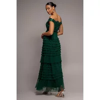 Women's Ruffle and Scallop Knit Dress Goddiva Bardot Maxi