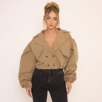 Long Sleeve Cropped Detail Trench Coat In Beige, Women's Size