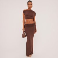 Ruched Detail Asymmetric One Shoulder Crop Top And Low Rise Maxi Skirt Co-Ord Set In Brown Slinky, Women's Size