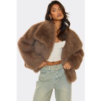 Oversized Collar Detail Cropped Fur Jacket In Taupe, Women's Size