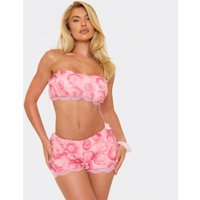 Bandeau Lace Trim Hem Crop Top And Hot Pants Co-Ord Set In Pink Floral Texture, Women's Size