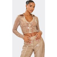 Long Sleeve Plunge Shirt Crop Top In Nude Sequin, Women's Size