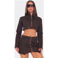 High Neck Zip Front Cropped Jacket In Brown Leopard Print, Women's Size