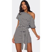 Off The Shoulder Belt Detail Mini Dress In Black Stripe, Women's Size