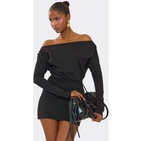 Off The Shoulder Long Sleeve Ruched Detail Bodycon Mini Dress In Black, Women's Size