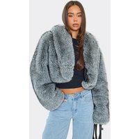 Oversized Collar Panel Detail Cropped Coat In Grey-Blue Faux Fur, Women's Size