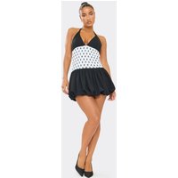 Halterneck Contrast Puffball Mini Dress In Black Polka Dot, Women's Size