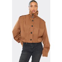 Button Down Pleated Detail Cropped Trench Coat In Brown, Women's Size