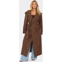 Hooded Tie Waist Wool Look Maxi Coat In Chocolate Brown, Women's Size
