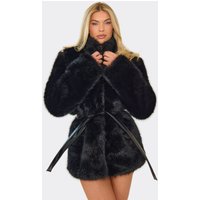High Neck Tie Waist Coat In Black Faux Fur, Women's Size