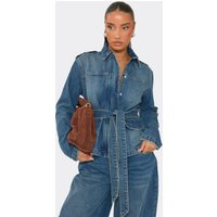 Zip Front Tie Waist Jacket In Mid Blue Denim, Women's Size