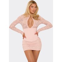 Long Sleeve Keyhole Cut Out Corset Detail Mini Dress In Baby Pink Lace, Women's Size