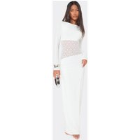 Long Sleeve Contrast Lace Detail Maxi Dress In White Slinky, Women's Size