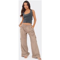 Low Rise Drawstring Waist Pocket Detail Wide Leg Cargo Trousers In Taupe, Women's Size