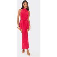 High Neck Drape Front Detail Ruched Backless Mini Dress In Red, Women's Size