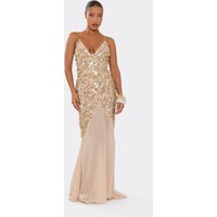 Plunge Neck Contrast Mesh Detail Maxi Dress In Taupe Sequin, Women's Size