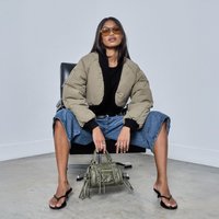 Cropped Rib Edge Detail Puffer Coat In Khaki Green, Women's Size