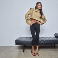Long Sleeve Button Detail Cropped Trench Coat In Beige, Women's Size