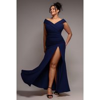 Scuba Crepe Off Shoulder Front Split Maxi Dress - Navy Blue by Goddiva Plus