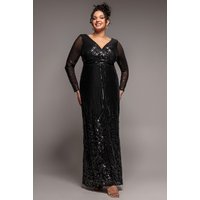 Long Sleeve Sequin V Wrap Maxi Dress - Black by Goddiva Plus