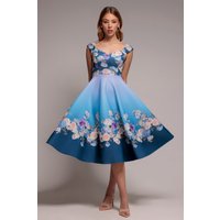 Floral Printed Scuba Foam Skater Dress - Blue by Goddiva