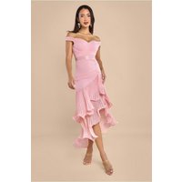 Pleated Bardot High Low Tier Chiffon Midaxi Dress - Blush Pink by Goddiva