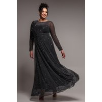 Hotfix Diamante Mesh A-Line Long Sleeve Maxi Dress - Black by Goddiva Plus