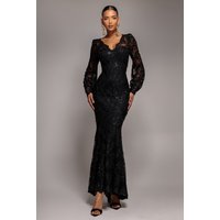 Embroidered Lace Scalloped Edge Maxi Dress - Black by Goddiva