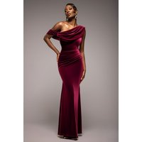 Cowl One Shoulder Velvet Maxi Dress - Burgundy Red by Goddiva