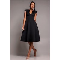 Cap Sleeve Plunging V-Neckline A-line Midi Dress - Black by Goddiva