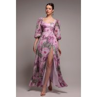 Puff Sleeve A-Line Printed Chiffon Maxi Dress With Split - Blush Pink by Goddiva