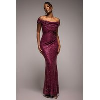 Cap Sleeve Iridescent Sequin Cowl Maxi Dress - Burgundy Red by Goddiva