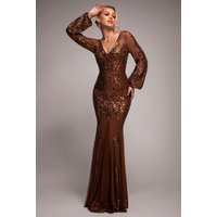 Embellished Sequin Bishop Sleeve Maxi Dress - Bronze by Goddiva