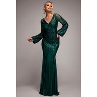 Embellished Sequin Bishop Sleeve Maxi Dress - Emerald Green by Goddiva