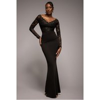 Scalloped Lace Bodice Long Sleeve Bardot Maxi Dress - Black by Goddiva