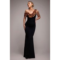 Cowl One Shoulder Contrast Sequin & Scuba Crepe Maxi Dress - Bronze by Goddiva