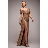 Off The Shoulder Sequin Cowl Drawstring Maxi Dress - Gold by Goddiva