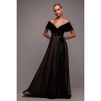 Velvet Bardot Dobby Mesh A Line Maxi Dress - Black by Goddiva