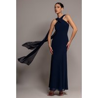 Cross Front Scarf Back Chiffon Mermaid Maxi Dress - Navy Blue by Goddiva