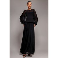 Bishop Sleeve Peplum Top Scuba Crepe And Chiffon Maxi Dress - Black by Goddiva