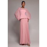 Bishop Sleeve Peplum Top Scuba Crepe And Chiffon Maxi Dress - Blush Pink by Goddiva
