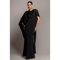 Goddiva Scoop Neck Velvet Satin Cape Sleeve Maxi Dress - Black by Goddiva