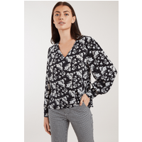 Louche Bindy Mono Sprig Print V Neck Long Sleeve Blouse