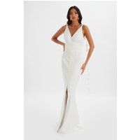 Lavish Alice NOVIE Floral Strap Satin Fit and Flare Maxi Dress in Ivory S