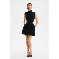 Lavish Alice AMBAR Asymmetric High Neck Embellished Tulip Mini Dress in Black S