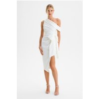 Lavish Alice HONEY One Shoulder Pleated Bow Midi Dress in White